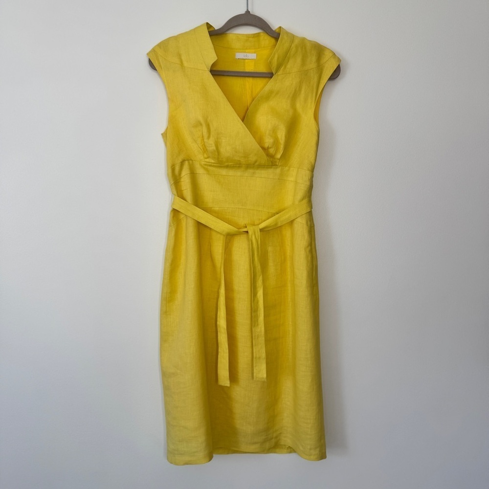 Kello Linen Dress Yellow Midi Pencil Skirt Belted Ballet Wrap V Neck Lined UK 8